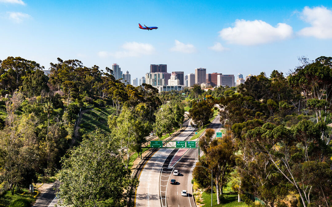 highway, trees, airplane, and cityscape