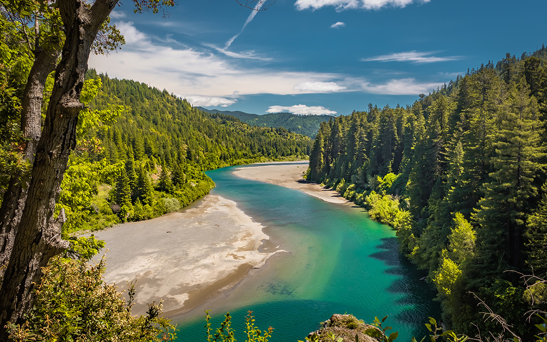 Aerial view of the Eel River with sandy beaches and trees both banks of the river