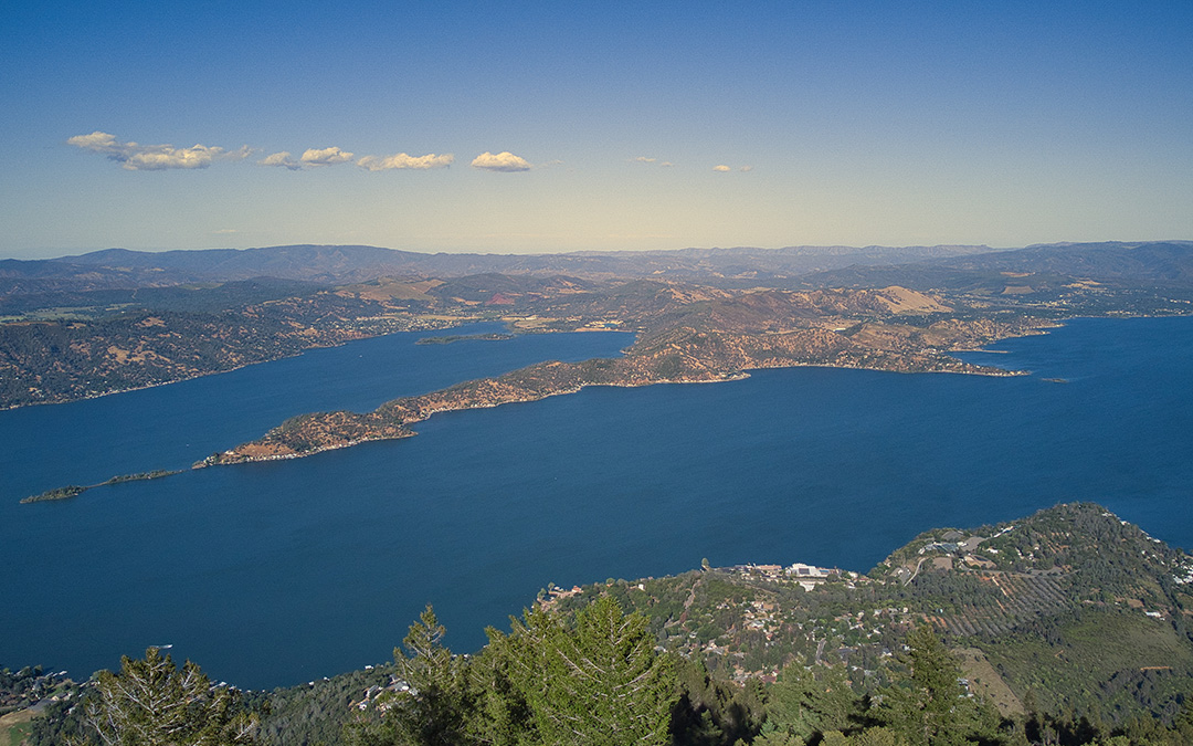 Aerial view of lake and hills